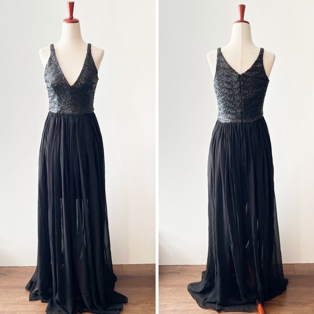 Dress the Population Black Sequin Chiffon Gown Size XS